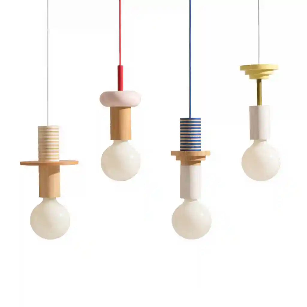Four Nordic-style wooden pendant lights with cylindrical and disc shapes in beige, blue, cream, and natural wood tones, each .