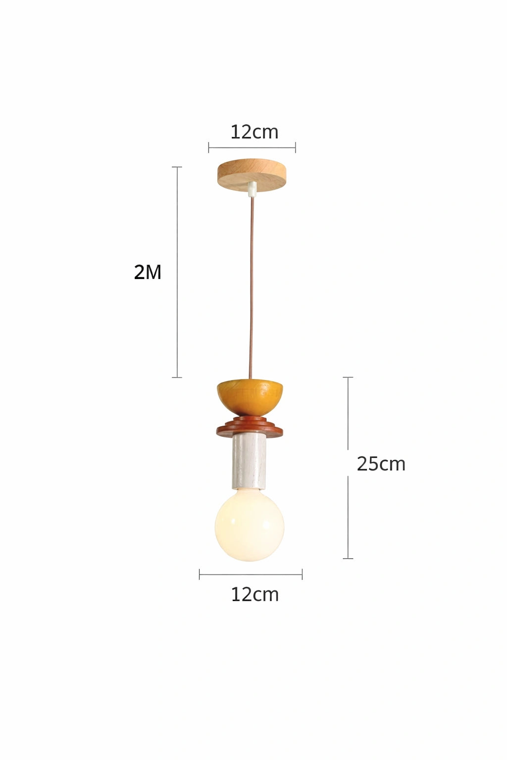 Orange Nordic wood pendant light with white bulb and beige cylindrical accent, 2m cord length.