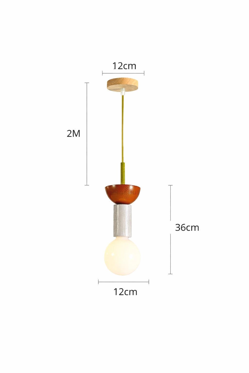 Orange Nordic wooden pendant light with cylindrical white shade and round bulb, 2m drop length.