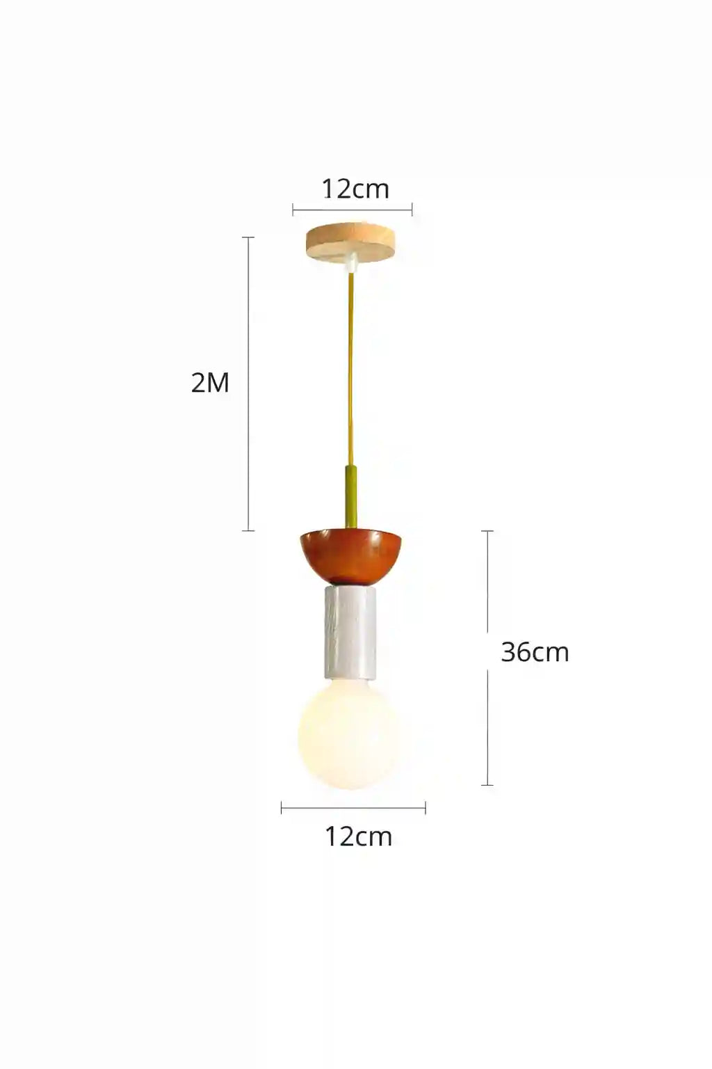 Orange Nordic wooden pendant light with cylindrical white shade and round bulb, 2m drop length.