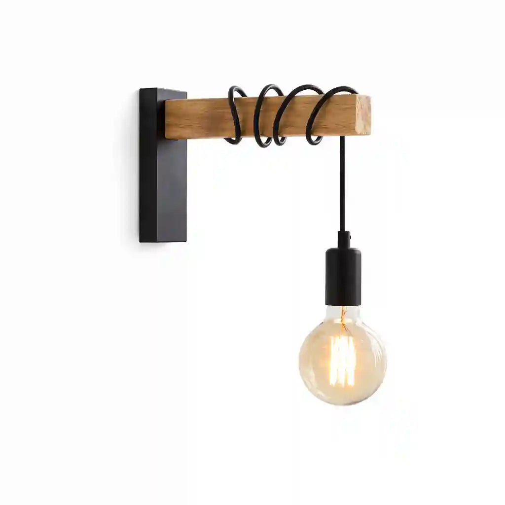 Industrial wall lamp with black metal mount, wooden arm, and exposed LED bulb hanging from black cord.