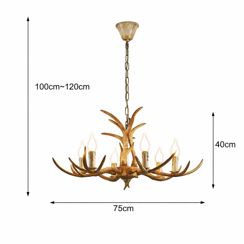 Lustre salon | Bois Cerf Style Rustique 6 Têtes