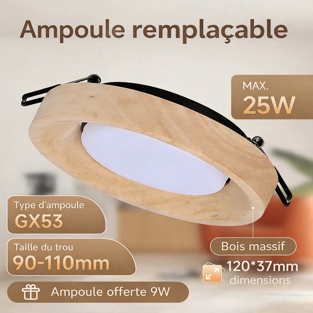 Plafonnier LED | Spot Encastré Bois GX53 Cuisine Chambre Moderne
