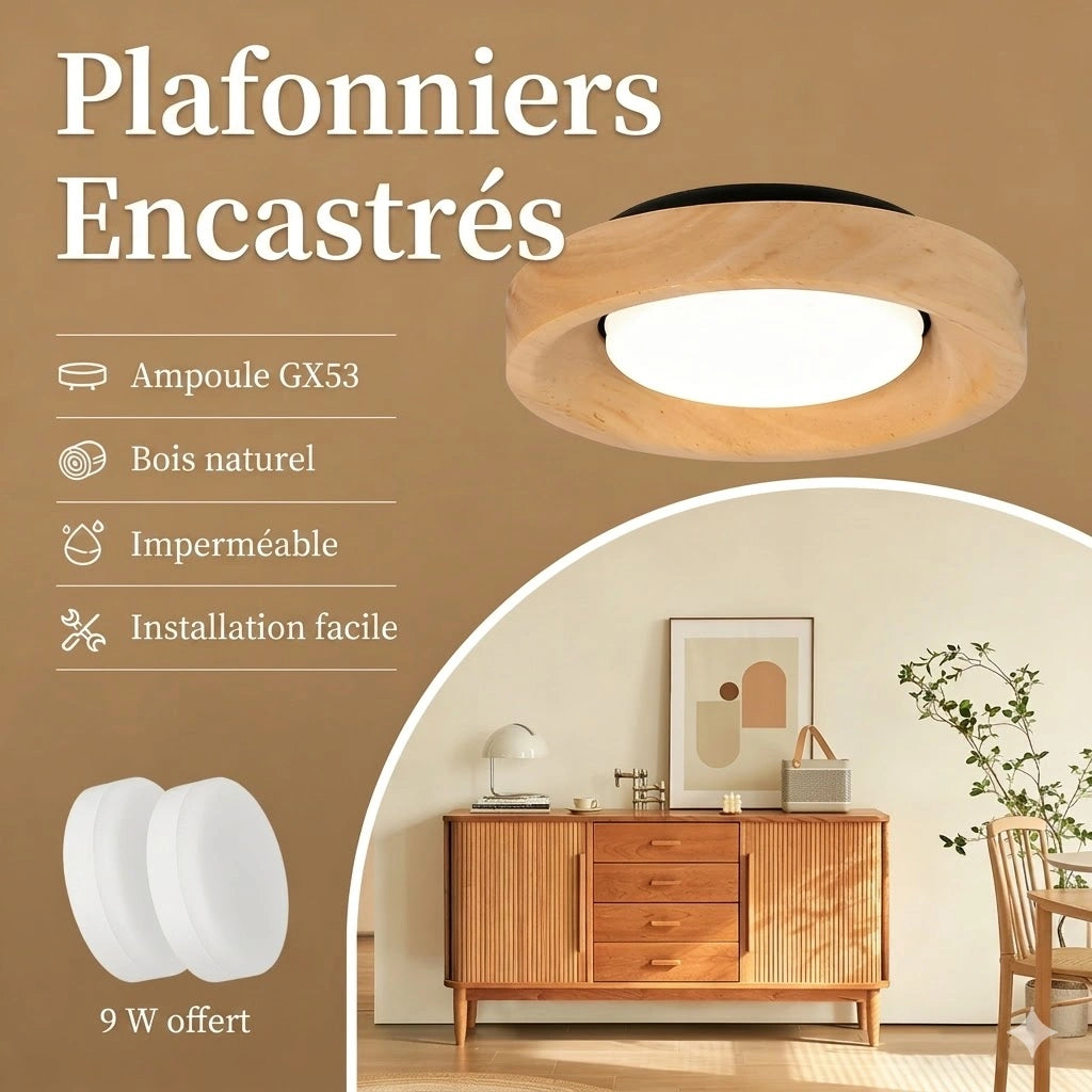 Plafonnier LED | Spot Encastré Bois GX53 Cuisine Chambre Moderne