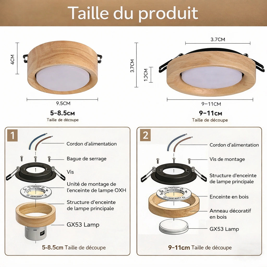 Plafonnier LED | Spot Encastré Bois GX53 Cuisine Chambre Moderne