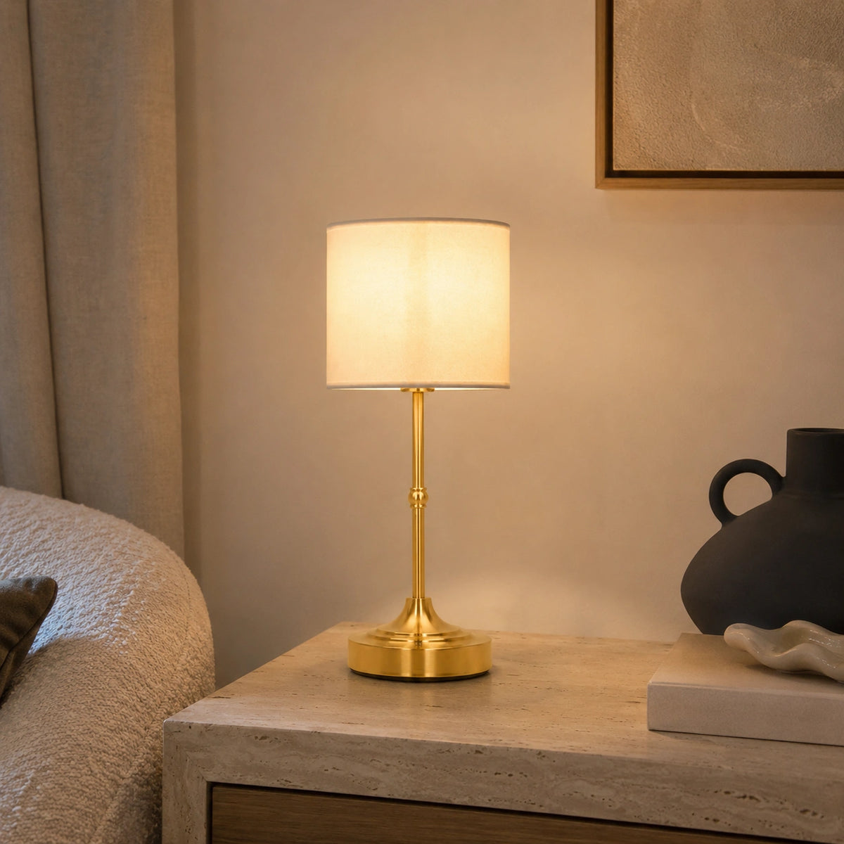 Lampe de Table LED Rechargeable Sans Fil – Abat-Jour Tissu et Base Dorée