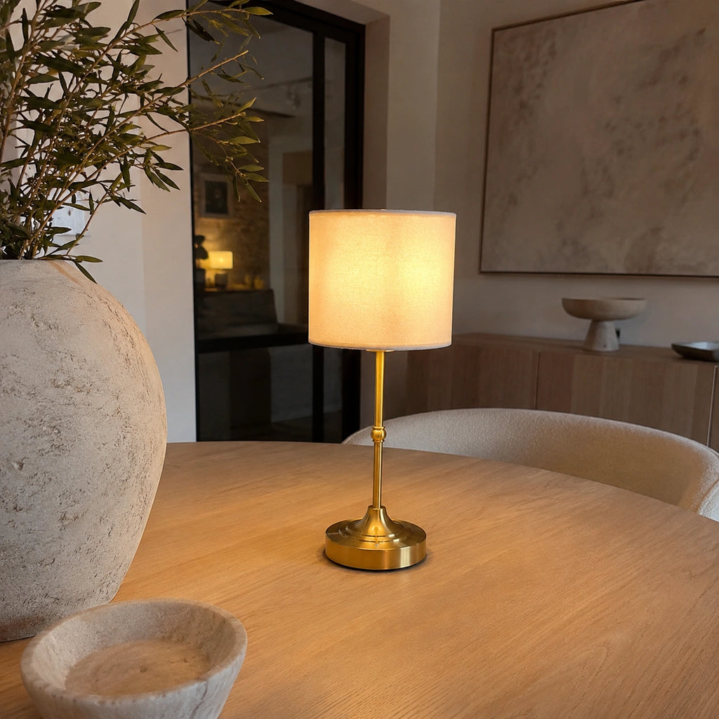 Lampe de Table LED Rechargeable Sans Fil – Abat-Jour Tissu et Base Dorée
