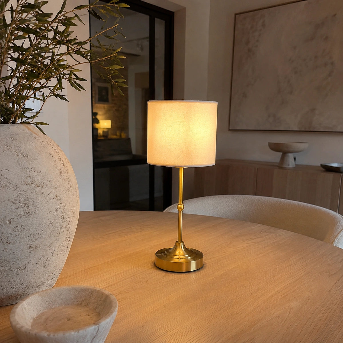 Lampe de Table LED Rechargeable Sans Fil – Abat-Jour Tissu et Base Dorée
