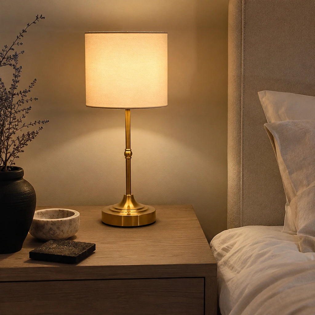 Lampe de Table LED Rechargeable Sans Fil – Abat-Jour Tissu et Base Dorée