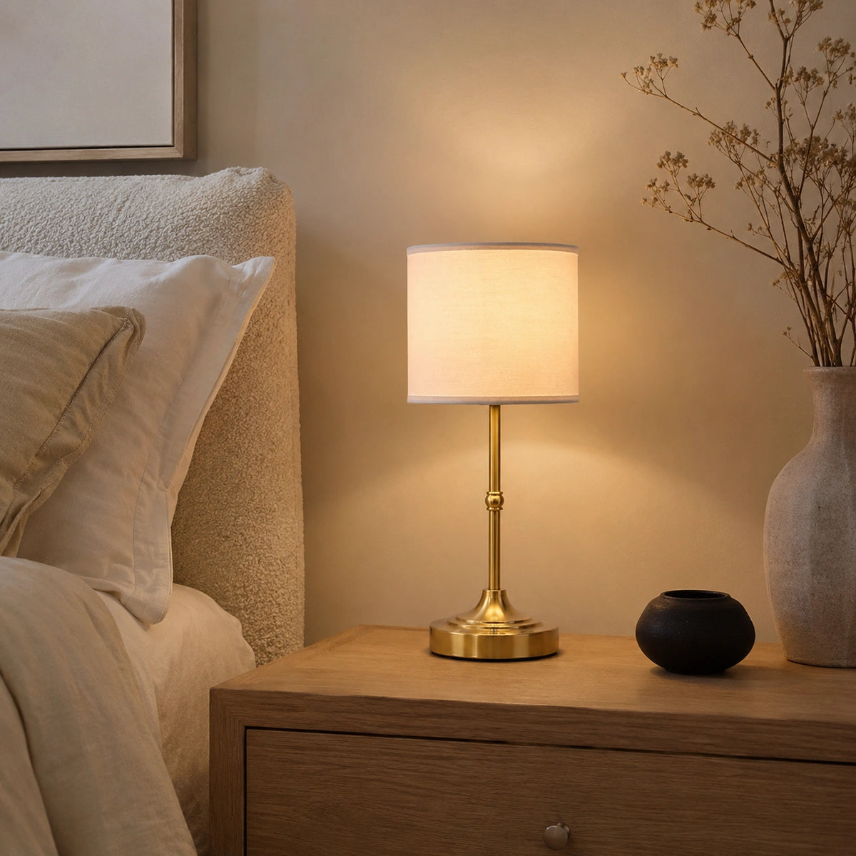 Lampe de Table LED Rechargeable Sans Fil – Abat-Jour Tissu et Base Dorée