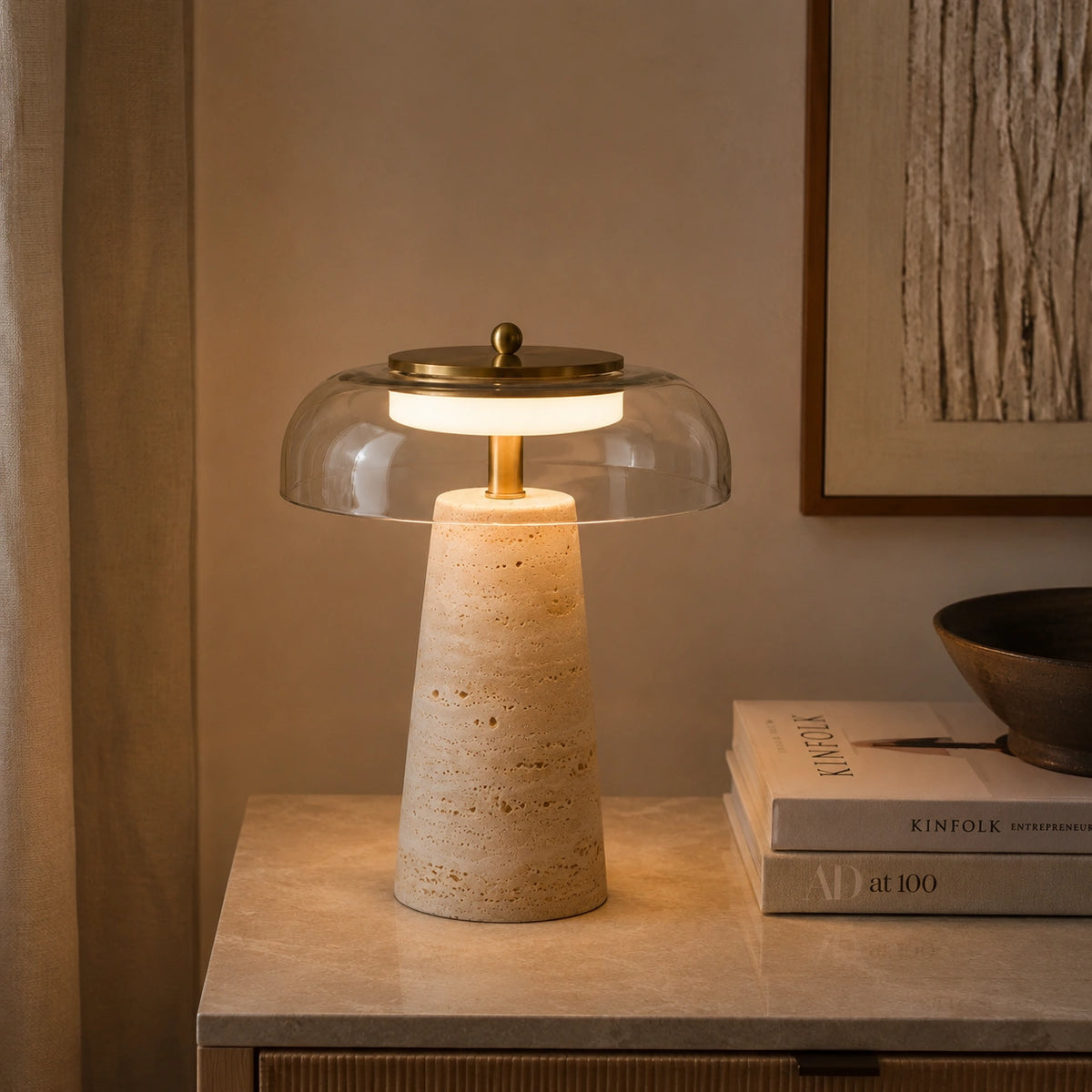 Lampe de Table en Travertin Naturel Forme Champignon – Lampe LED Design