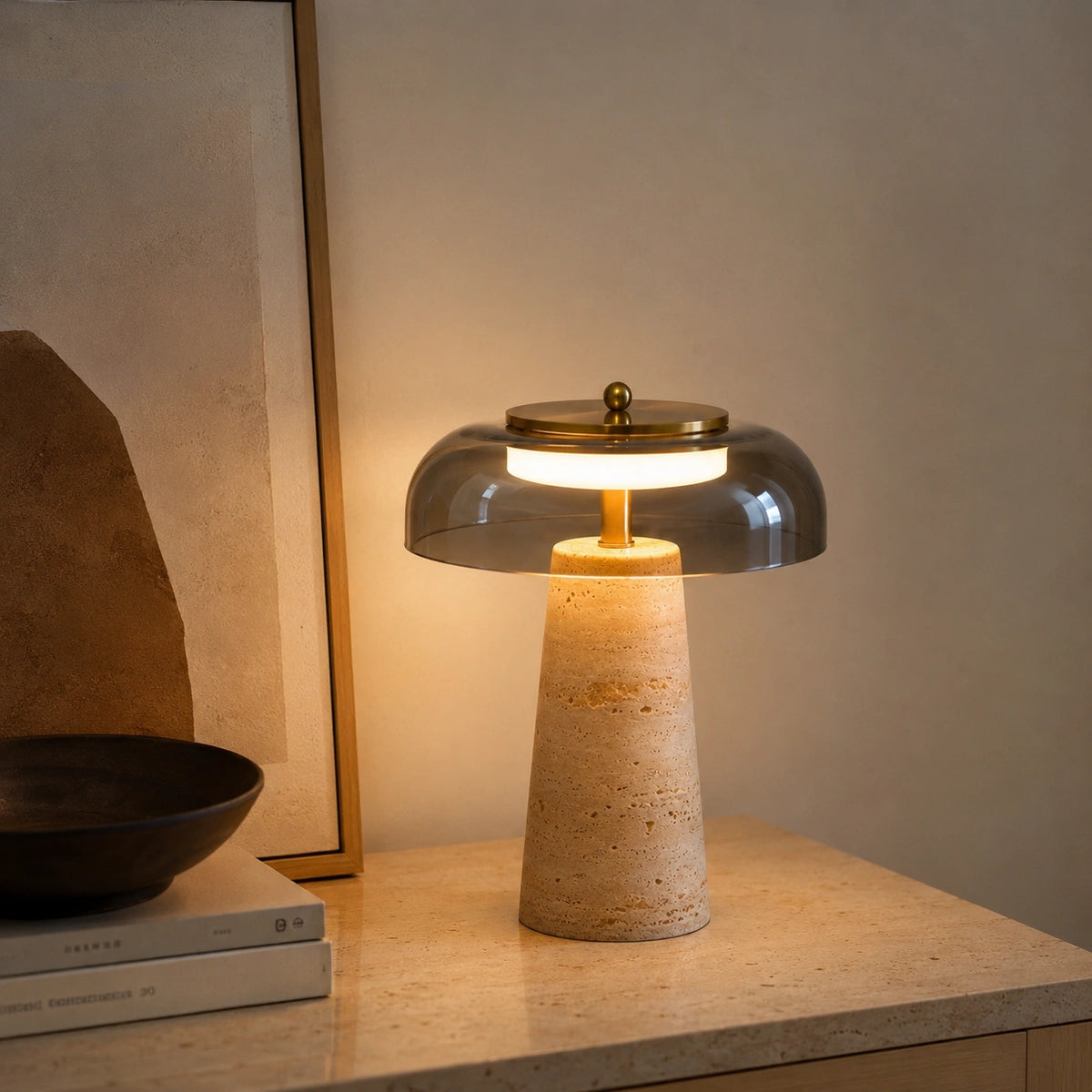 Lampe de Table en Travertin Naturel Forme Champignon – Lampe LED Design