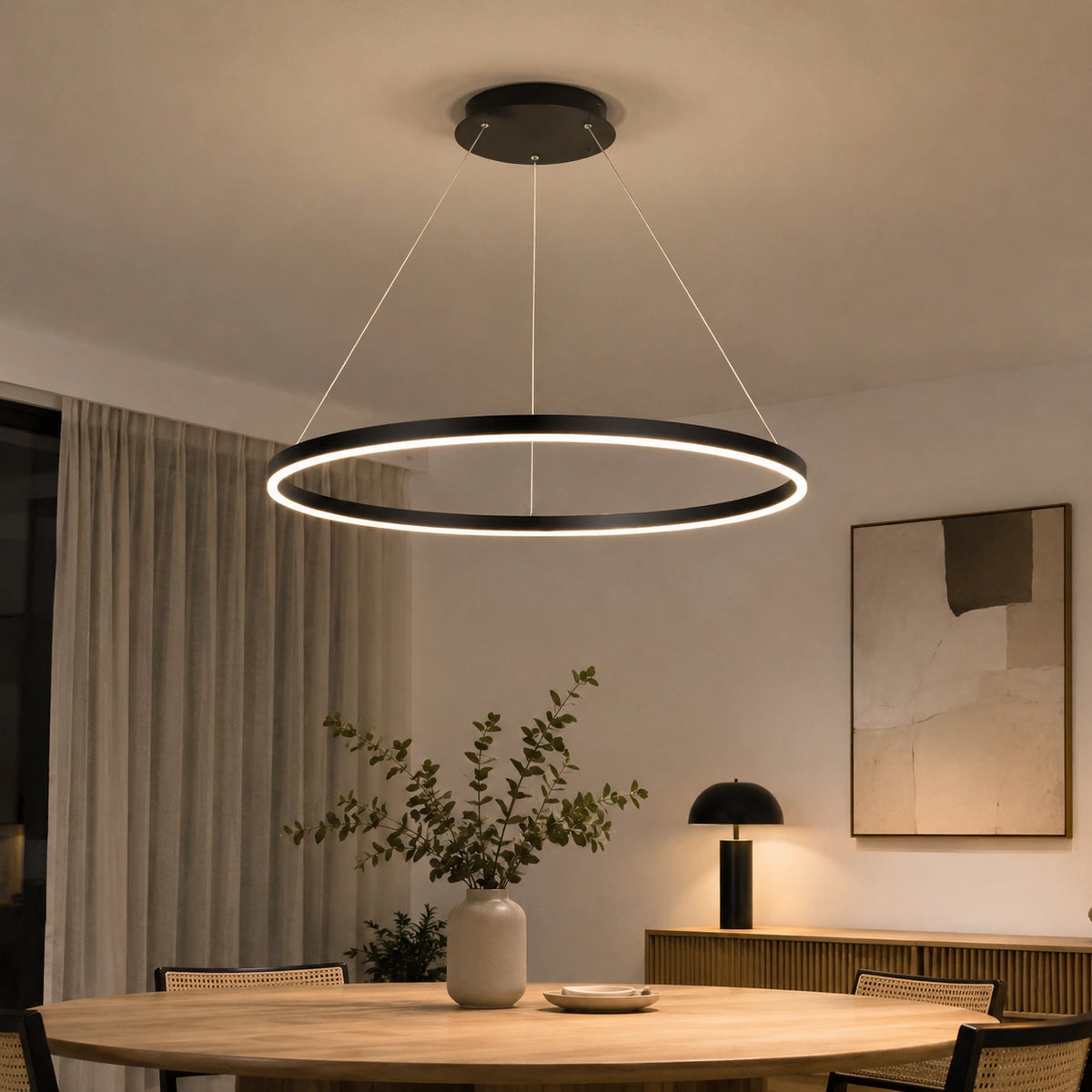 Suspension LED Anneau Noir Design Architectural Moderne