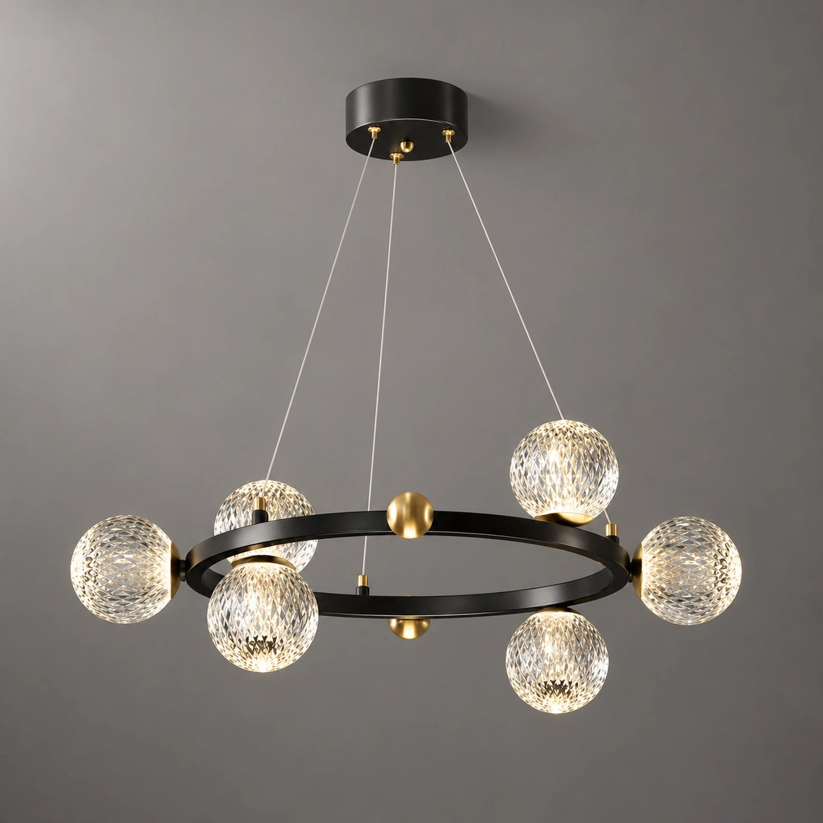 Suspension Design Anneau Noir et Boules en Verre Texturé