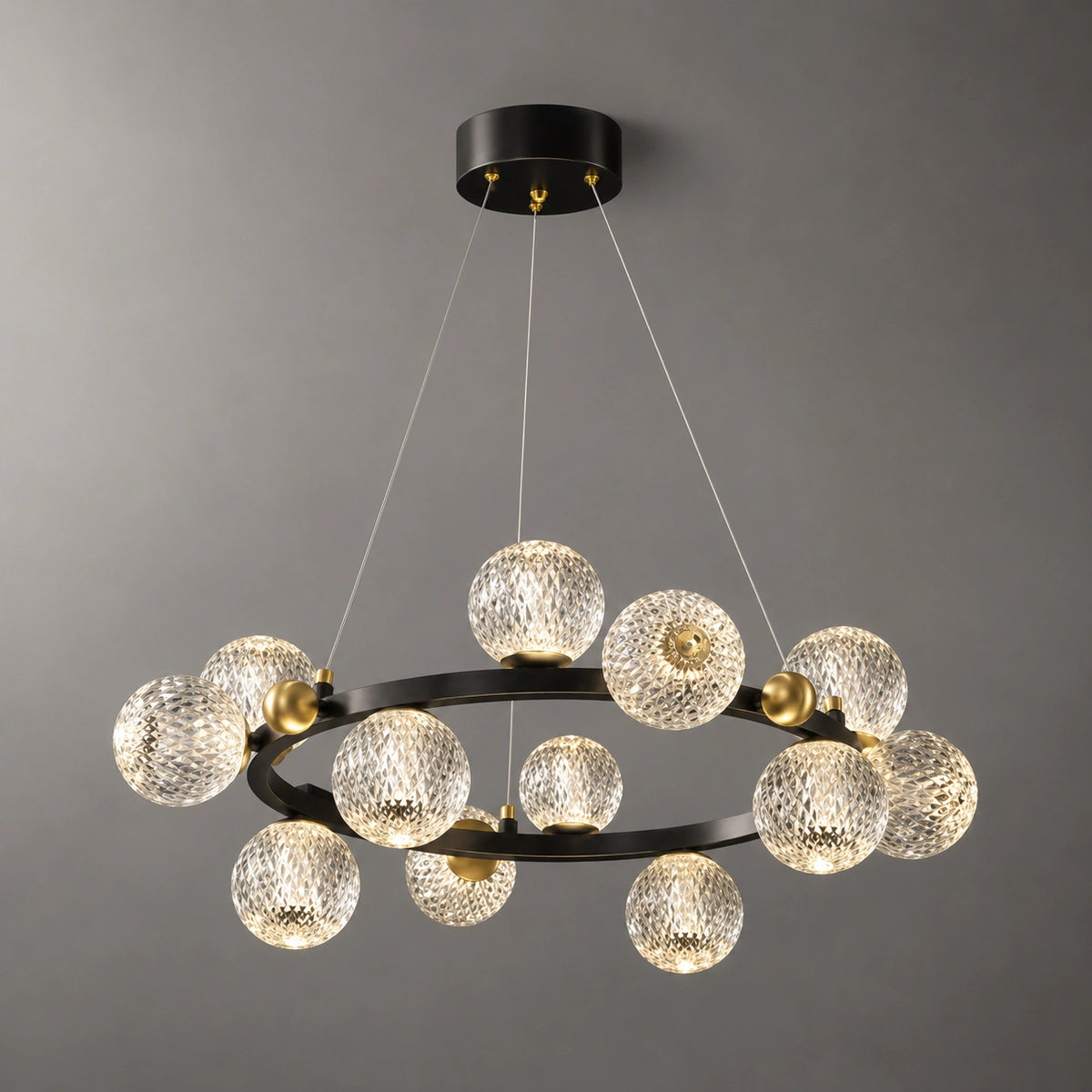 Suspension Design Anneau Noir et Boules en Verre Texturé