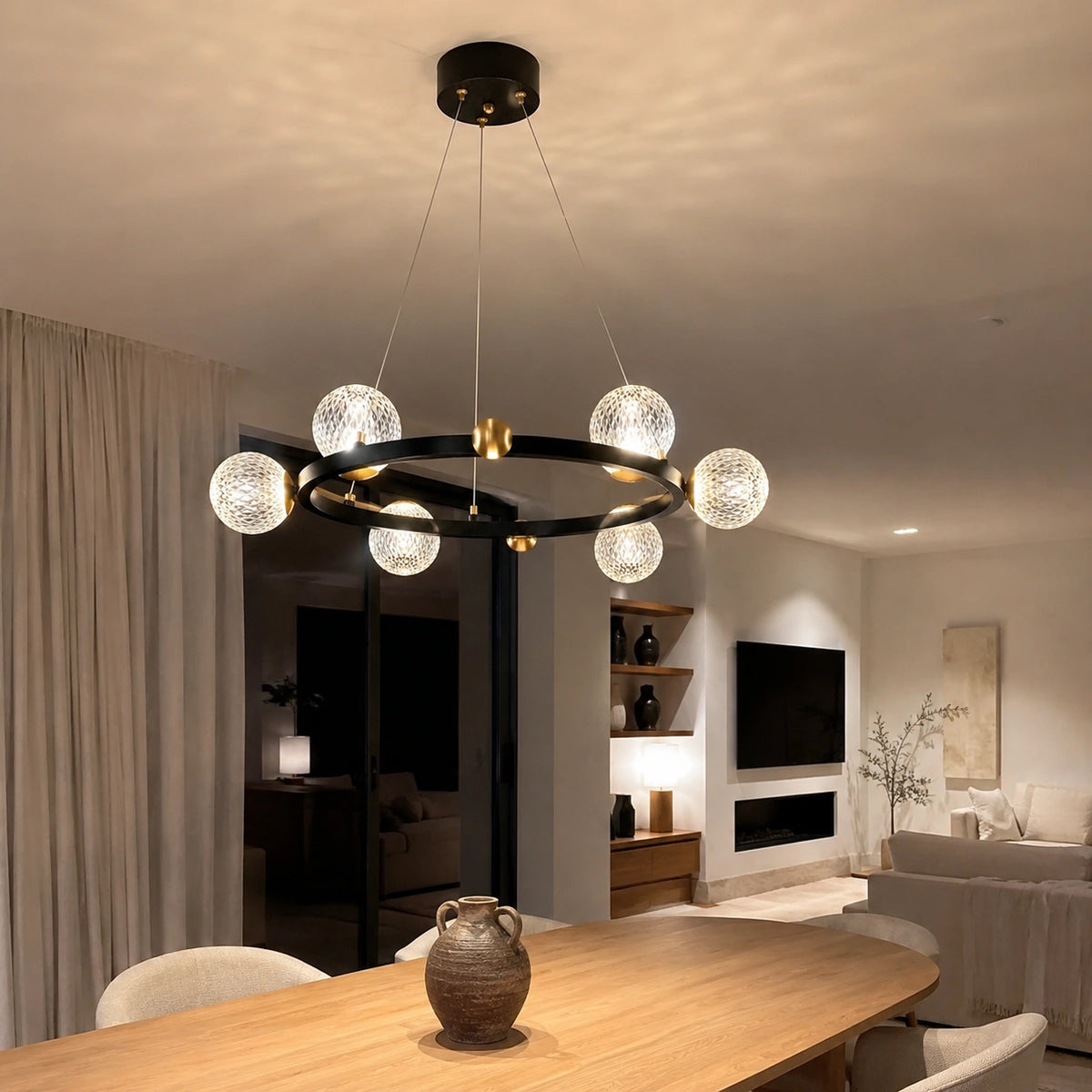 Suspension Design Anneau Noir et Boules en Verre Texturé