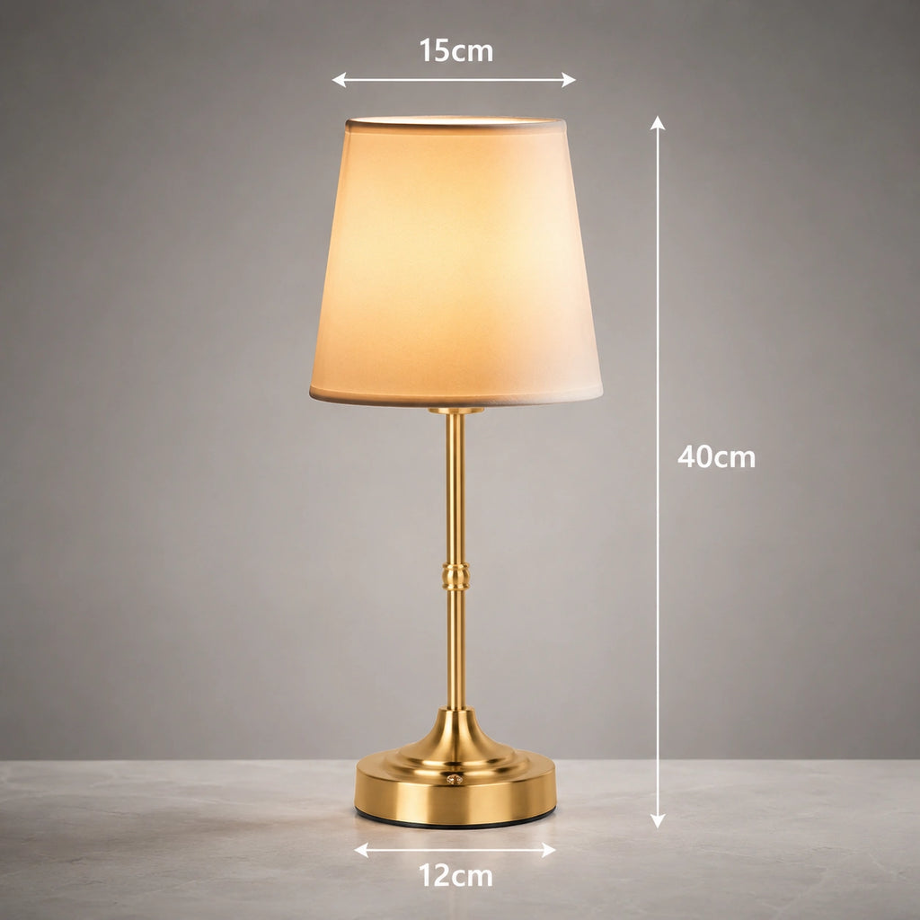 Lampe de Table LED Rechargeable Sans Fil – Abat-Jour Tissu et Base Dorée